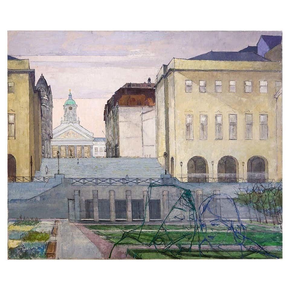 Brussels Street Scene Painting On Canvas, Victor Petré, Belgium, Circa 1960