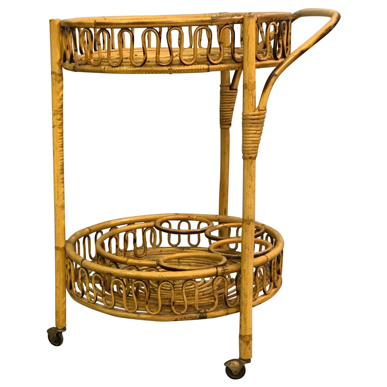 Italian Bamboo And Rattan Round Service Side Bar Cart, 1960s