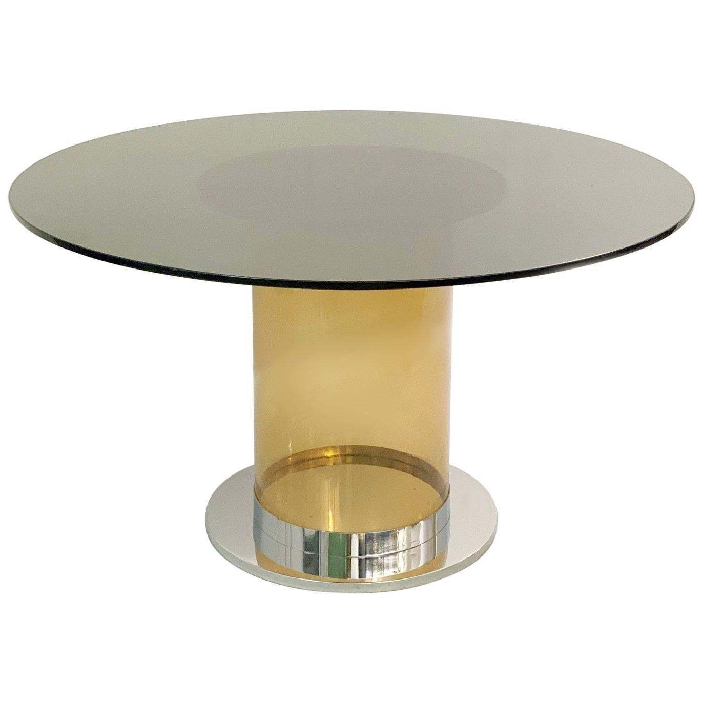 Italian Dining Table In The Style Of Salocchi, Smoked Round Glass Top