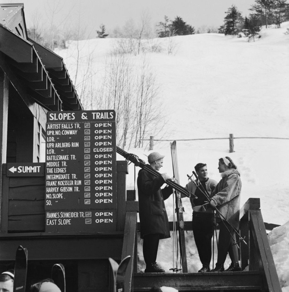 Slim Aarons 'Three Skiers' 1955 Sliver Gelatin Print Framed In Black photo furniture