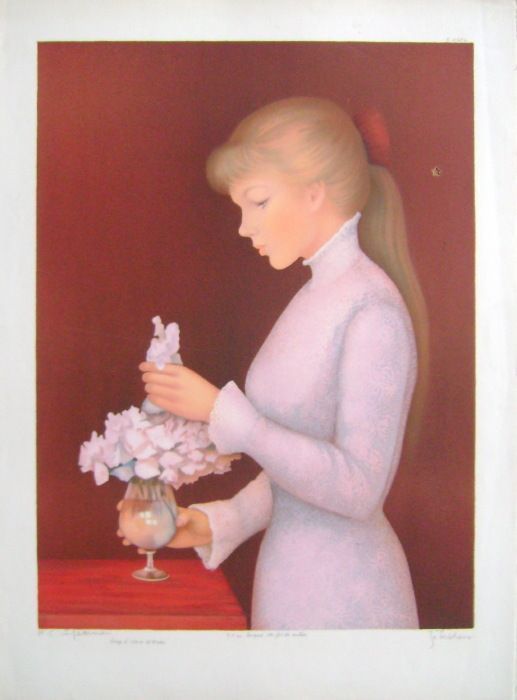Séradour Guy   Lithograph   Young Woman With Bouquet