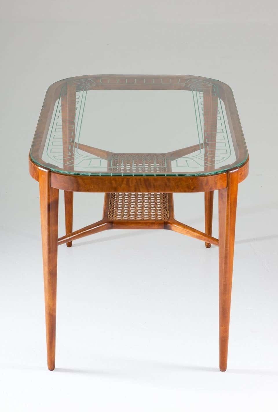 Swedish Modern Coffee Table In Birch, Glass And Rattan By Bodafors, 1940s photo 2321.0