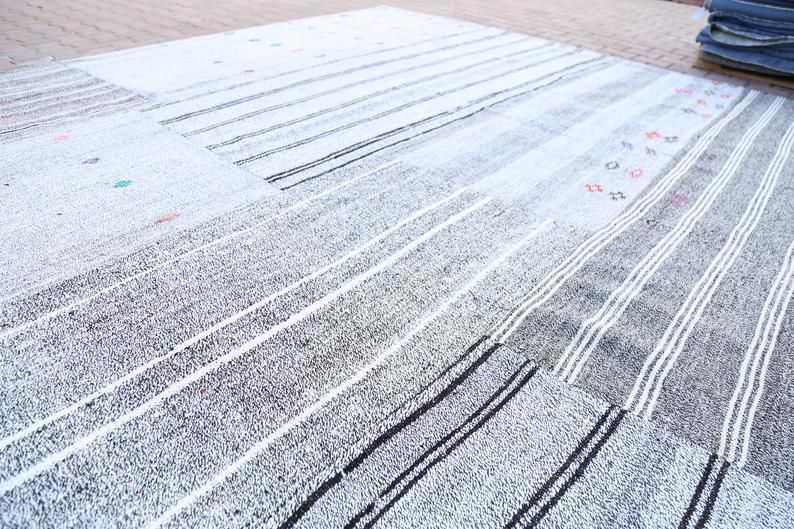 315x457 Cm Turkish Kilim, Flatweave Rug, Large Rug, Oushak Rug, Turkish Rug, Vintage Rug, Oversized Rug, White, Gray, Striped, Wool, Handwoven photo 1533.0