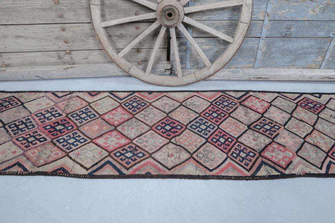 86x350 Cm Turkish Runner Rug, Pink Faded Beige, Wool Vintage Runner, Handmade, Oushak Turkish Rug, Hallway Runner, Home Decor, Diamond photo Textiles
