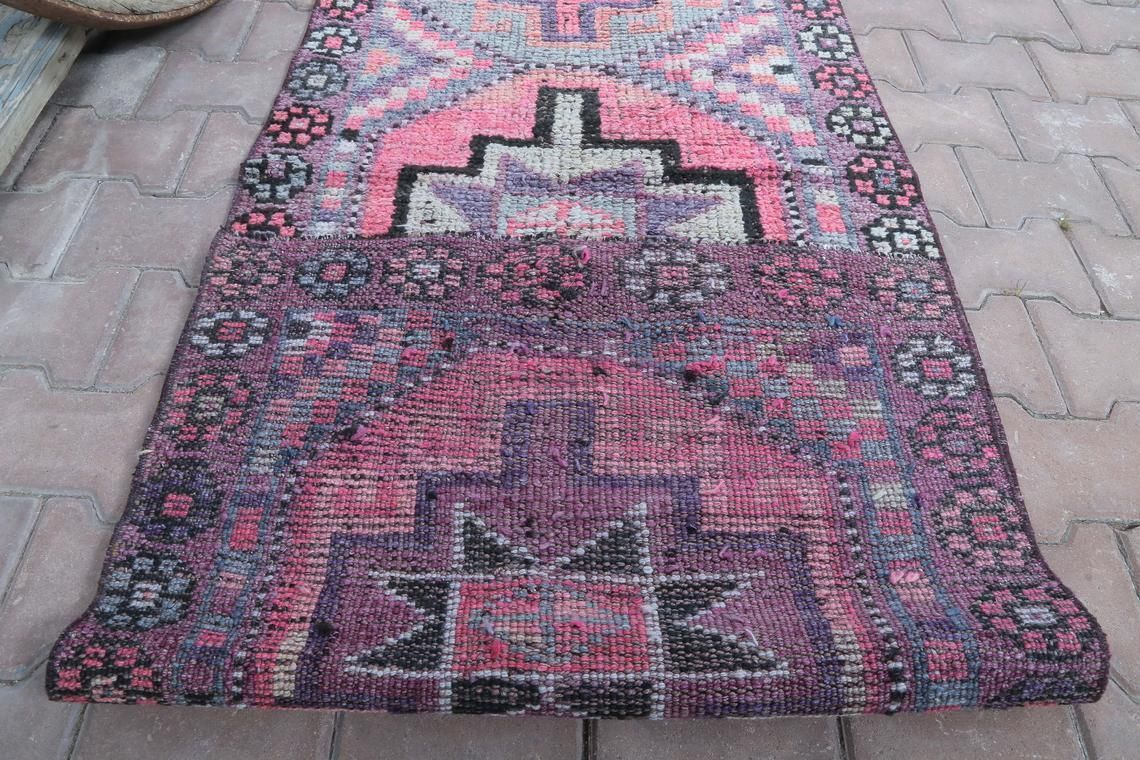 photo furniture 83x345 Cm Turkish Oushak Runner, Pastel Pink Purple Vintage Runner, Wool Runner, Handmade, Runner Rugs Hallway Runners, Home Decor, Floral