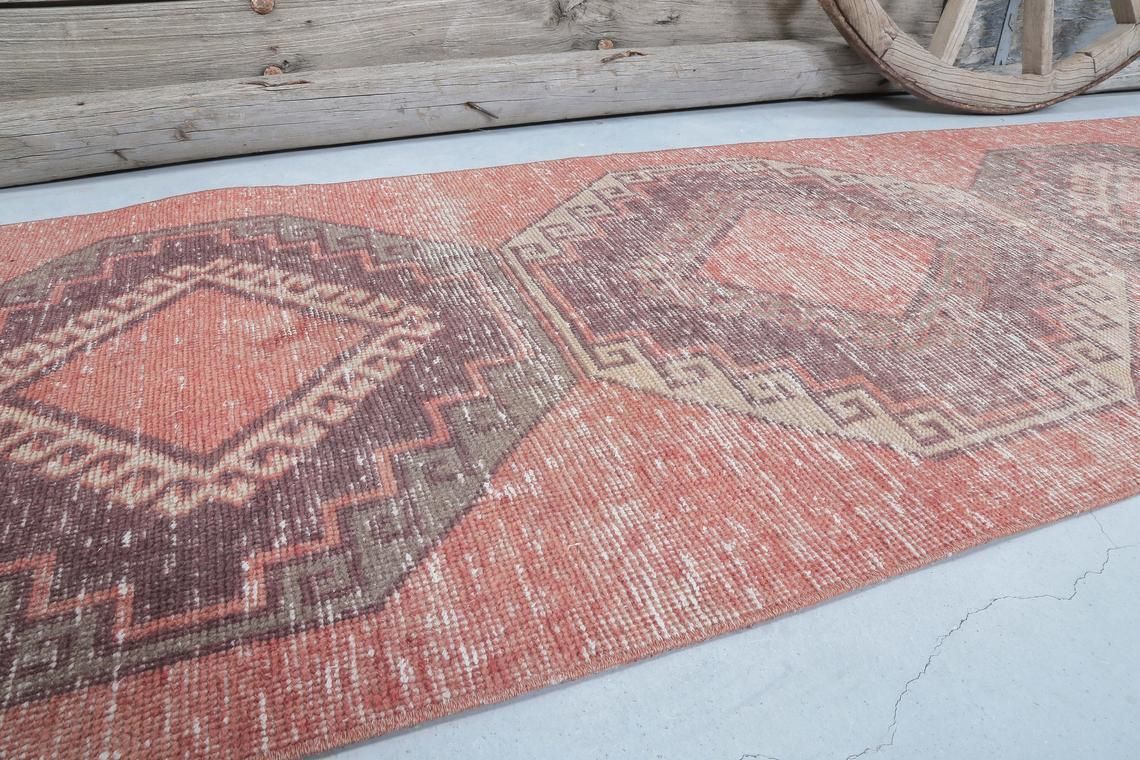 93x356 Cm Turkish Oushak Vintage Runner, Wool, Handmade, Runner Rug, Turkish Rugs, Hallway Home Decor, Farmhouse Faded Art Deco Diamond photo vintage