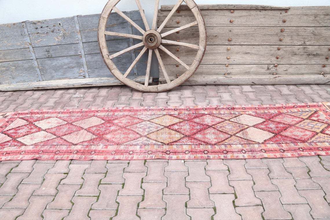 80x367 Cm Hallway Turkish Runner, Herki, Vintage Runner, Wool, Handmade, Oushak Bohemian, Long Runner, Geometric, Pink, Shabby Chic Rugs photo Textiles