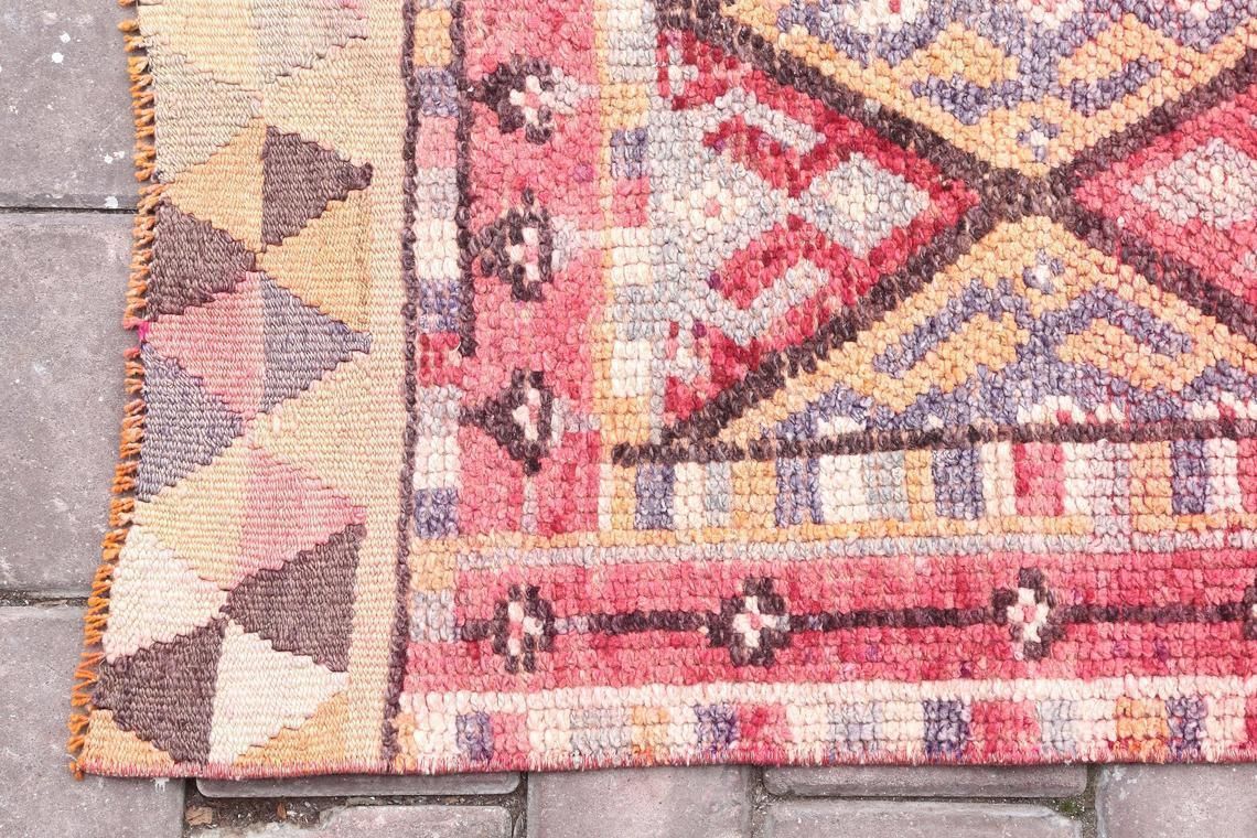 80x367 Cm Hallway Turkish Runner, Herki, Vintage Runner, Wool, Handmade, Oushak Bohemian, Long Runner, Geometric, Pink, Shabby Chic Rugs photo vintage