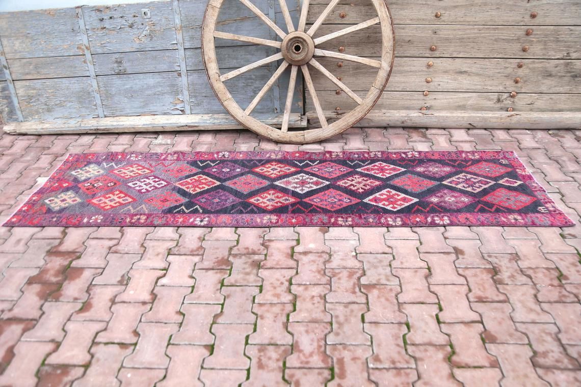 77x285 Cm Hot Pink Runner Rug, Purple Tones, Handmade Wool Geometric Long Rug, Turkish Vintage Rug, Hallway Runner, Corridor Rug, Shabby Chic photo vinterior