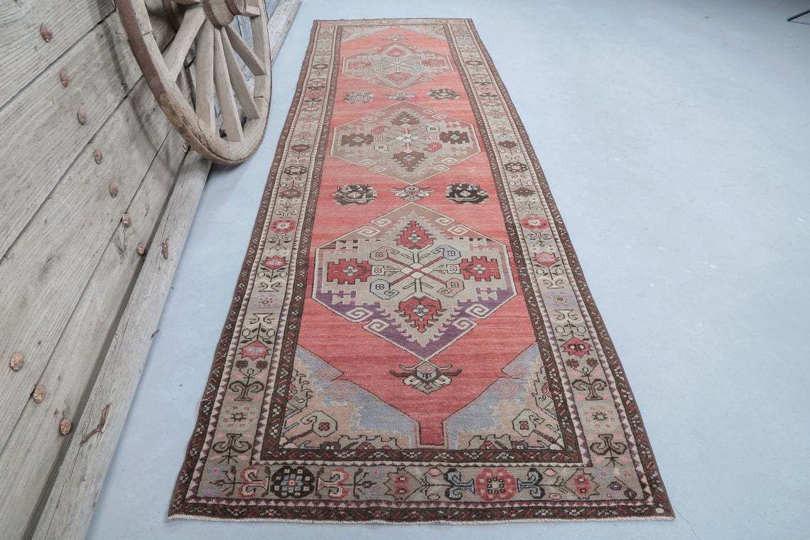 106x336 Cm Turkish Runner Rug, Vintage Runner Rug, Turkish Oushak Rug, Home Decor, Rugs, Rug Runner Long, Carpet, Faded Coral Red Luxurious
