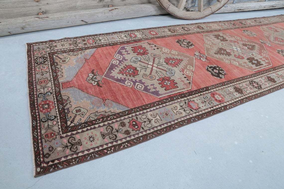 106x336 Cm Turkish Runner Rug, Vintage Runner Rug, Turkish Oushak Rug, Home Decor, Rugs, Rug Runner Long, Carpet, Faded Coral Red Luxurious photo for sale
