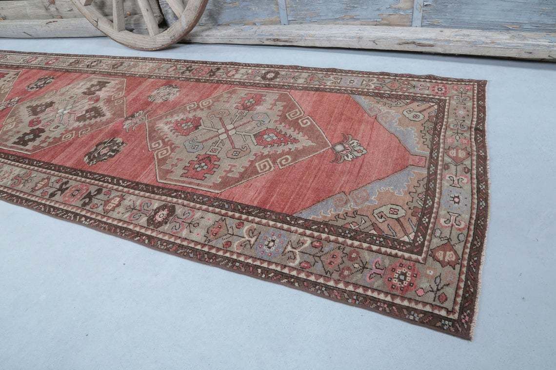 106x336 Cm Turkish Runner Rug, Vintage Runner Rug, Turkish Oushak Rug, Home Decor, Rugs, Rug Runner Long, Carpet, Faded Coral Red Luxurious photo 402.0