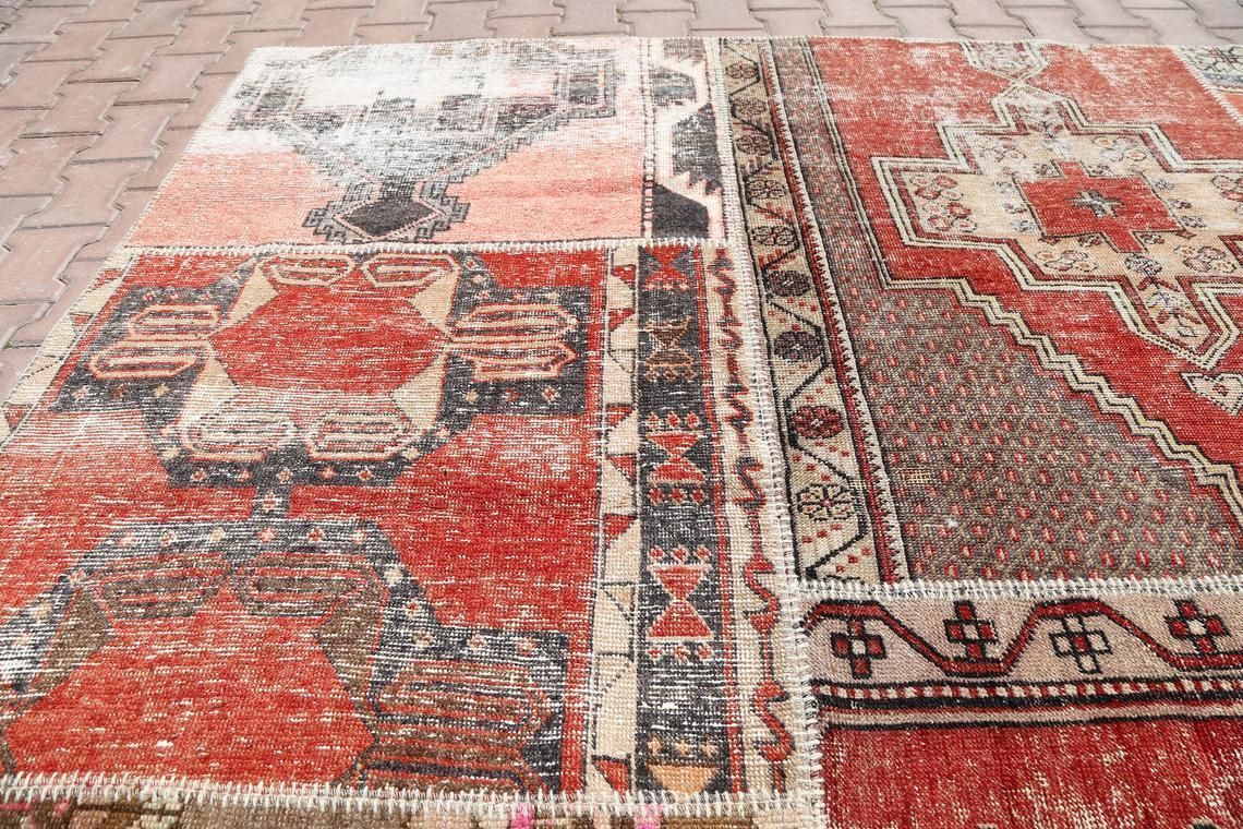 Turkish Area Rug, Patch Rug, Vintage Rug, Modern, Art, Oushak Bohemian Wool Patchwork Rug, Natural, Handmade, Farmhouse Decor photo vinterior