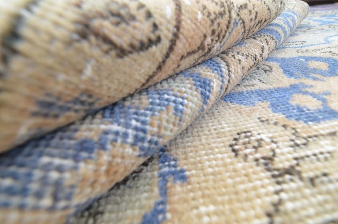 Turkish Area Rug, Faded Orange Beige Distressed Blue Living Room Rug, Vintage Rug, Carpet Rug, Oushak Rug, Turkish Carpet, Rug Oriental photo vintage