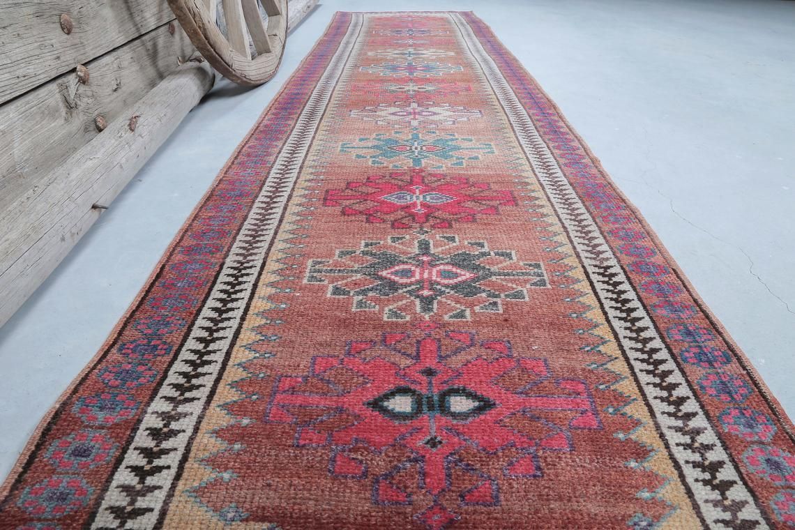 88x370 Cm Vintage Runner, Turkish Runner, Red Orange Beige Pink Vintage Hallway Runner, Wool Herki Rugs, Bohemian Faded Mid Century Modern photo furniture