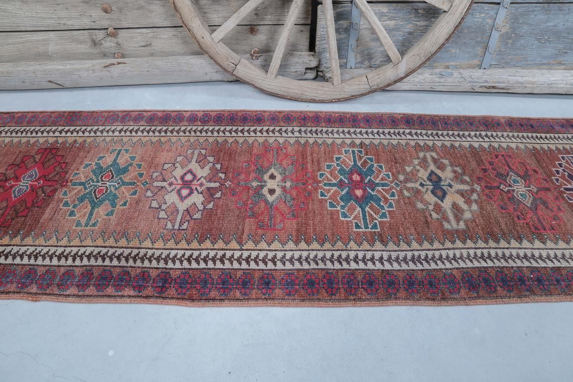 88x370 Cm Vintage Runner, Turkish Runner, Red Orange Beige Pink Vintage Hallway Runner, Wool Herki Rugs, Bohemian Faded Mid Century Modern photo Textiles