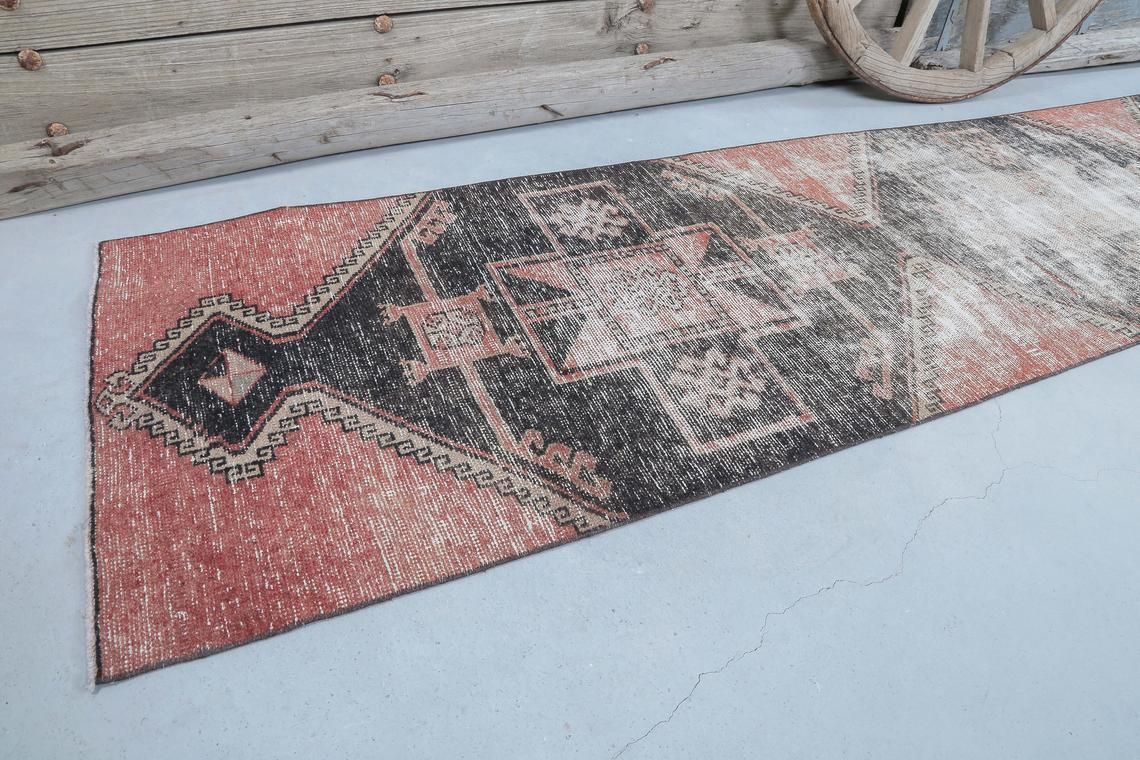 80x393 Cm Faded Red Turkish Runner Rug, Vintage Runners, Oushak Rugs, Perfect Boho Chic Luxury, Bohemian Wool Rug, Carpet, Teppich Geometric photo for sale