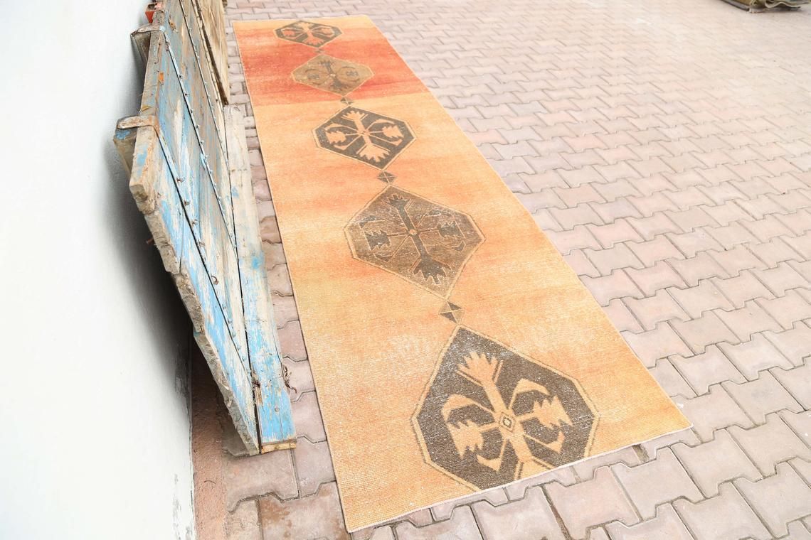 101x374 Cm Turkish Runner Rug, Turkish Faded Orange Red Vintage Oushak Rug, Bohemian Rug, Wool Rug, Bedroom Rug, Rug, Boho Chic Luxury Runners photo furniture