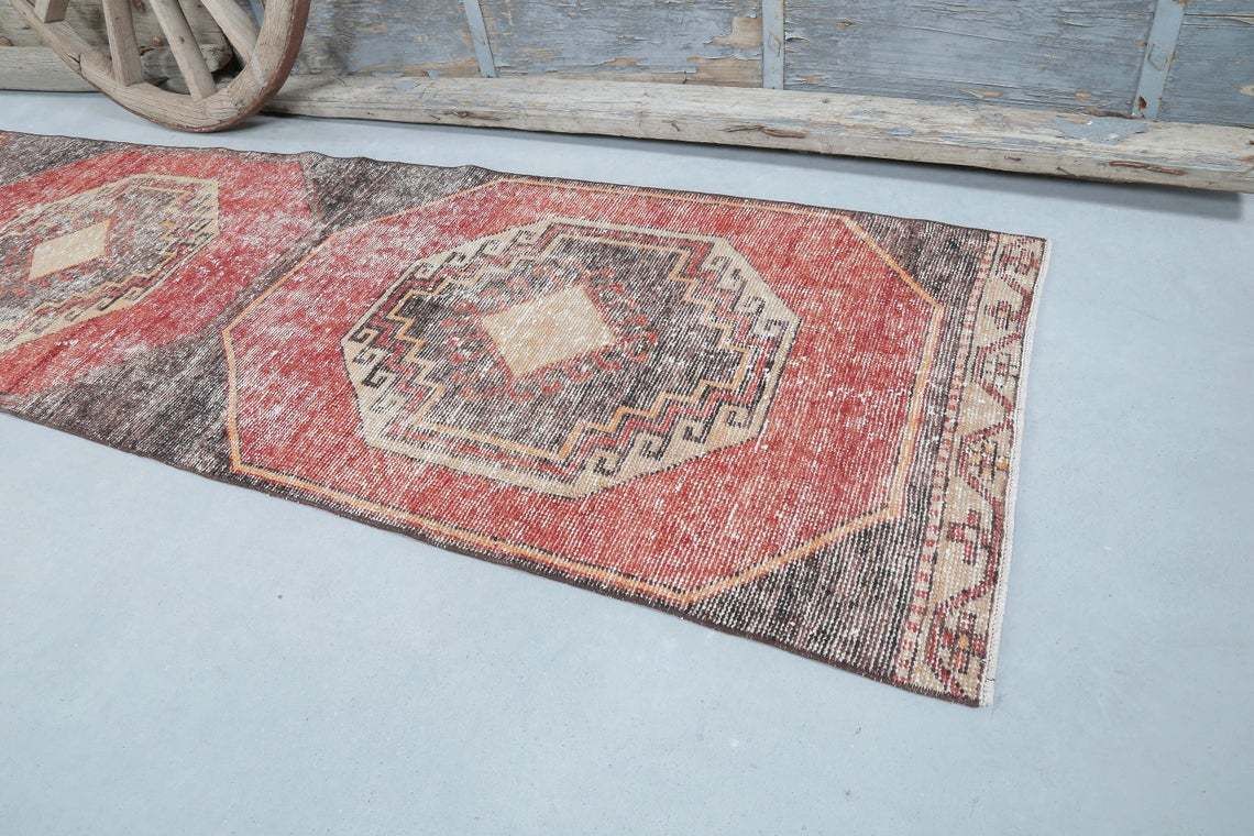 82x349 Cm Pastel Geometric Runner, Turkish Faded Red Oushak Runner Rug, Hallway Vintage Runner Handmade Runners, Kitchen Geometric Rugs photo 321.0