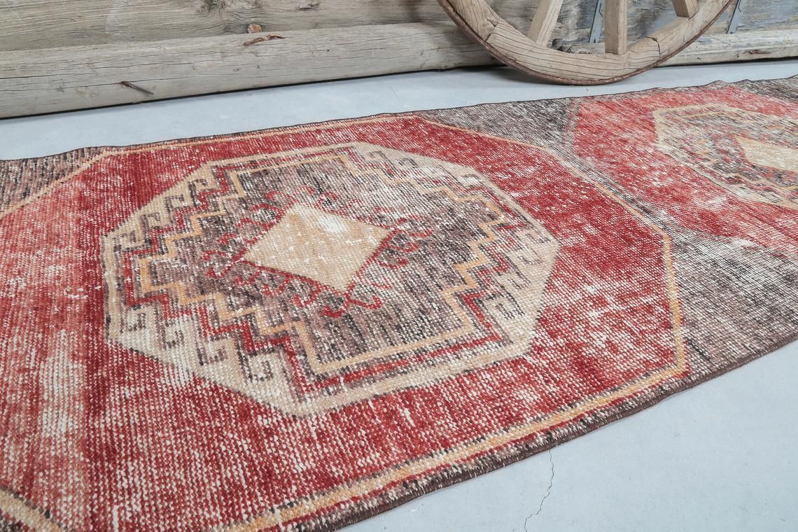 82x349 Cm Pastel Geometric Runner, Turkish Faded Red Oushak Runner Rug, Hallway Vintage Runner Handmade Runners, Kitchen Geometric Rugs photo vintage