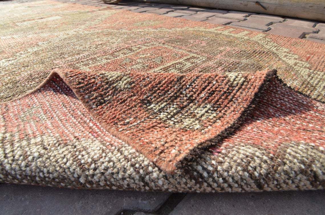 94x313 Cm Red Runner Rug, Geometric Faded Red Vintage Runner Rug, Handmade Rug, Oushak Rug, Faded Brown Diamond Wool Muted Rug, Luxury Rugs photo vintage