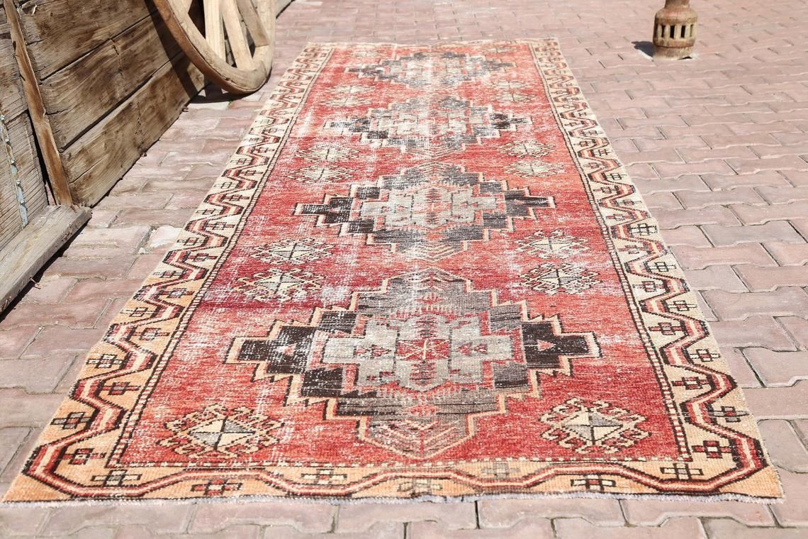 114x389 Cm Turkish Runner Rug, Rugs Runner, Vintage Runner, Runner Rug Red, Turkish Runner Rug, Oushak Runner, Hallway Faded Red Diamond