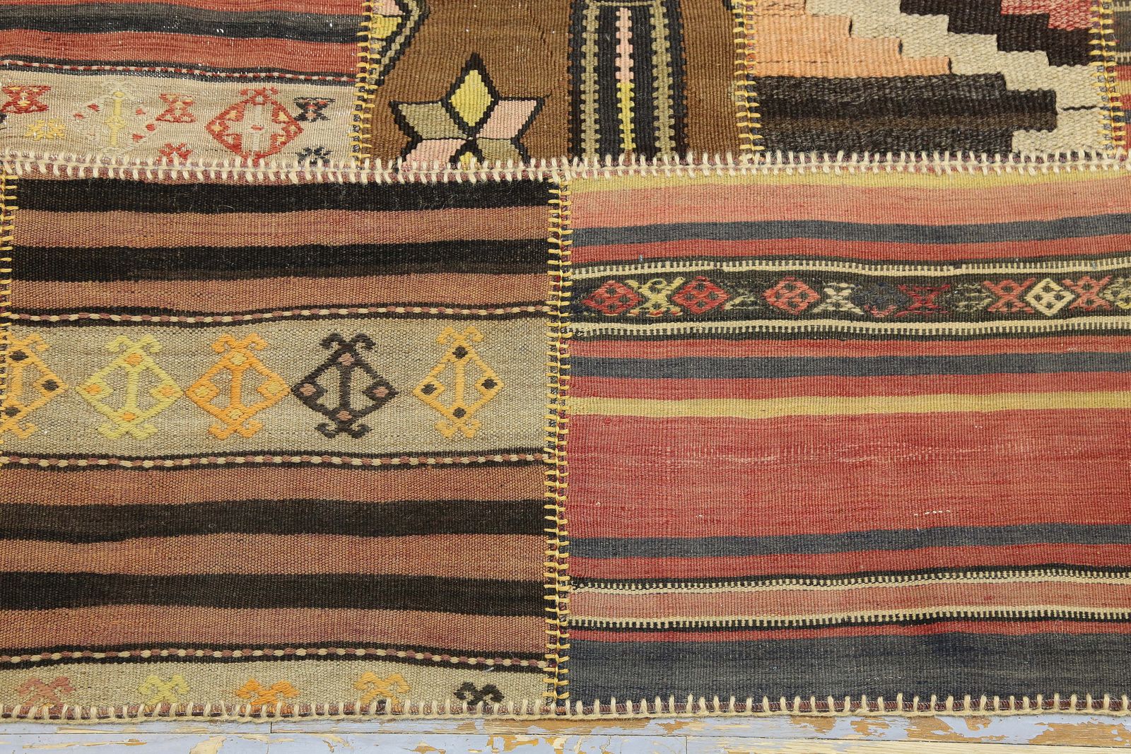 226x369 Cm Traditional Patchwork Kilim Rug, Beige Brown Colors, Natural Turkish Area Rug, Large Mid Century Modern Kilim Patchwork Rug photo buy