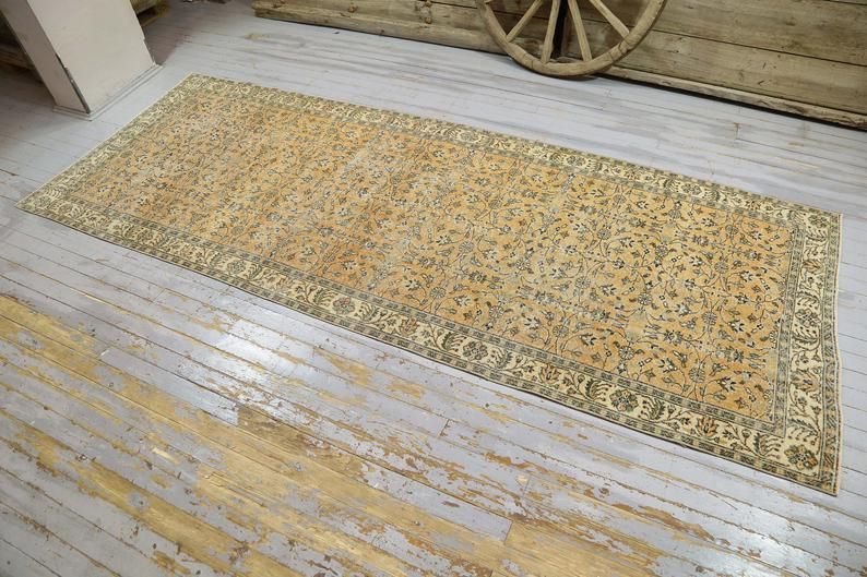 Wide Runner, Turkish Runner, Hand Knotted, Floral Runner, Turkey Rug, Hallway Runner, Home Decor, Rugs, Faded Orange, Beige Floral photo furniture