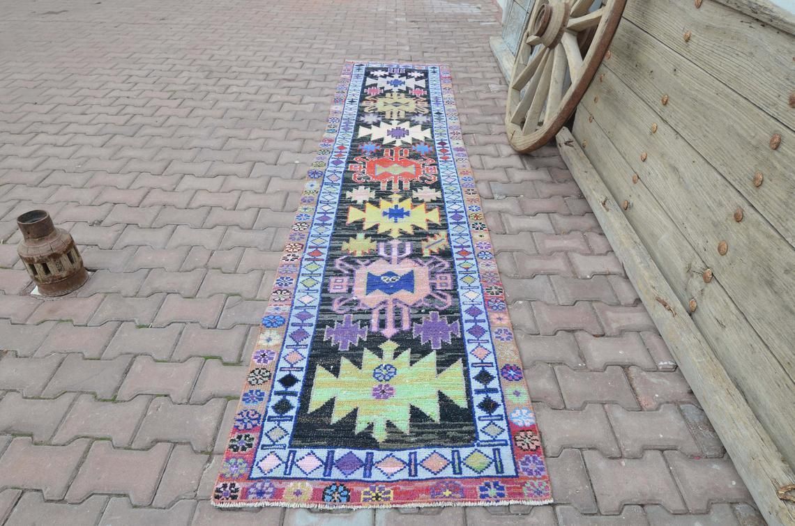 78x350 Cm Bohemian Runner, Turkish Runner, Geometric Runner, Hallway Runner, Oushak Runner, Handmade, Wool Runner, Home Decor, Colorful Rug