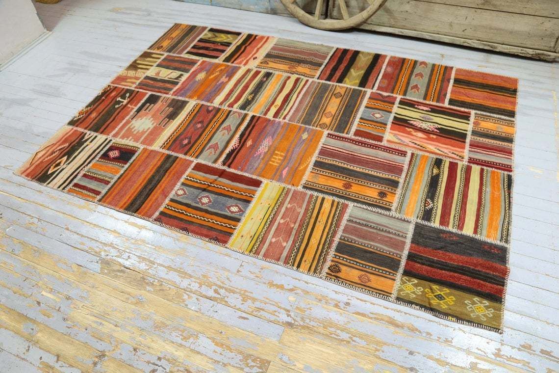 Special Design Patchwork Kilim Rug Vintage Handmade Patch Rugs Oushak Anatolian Teppich Vintage Carpet Tapis Aztec Style Boho 6.7x10 Ft photo furniture