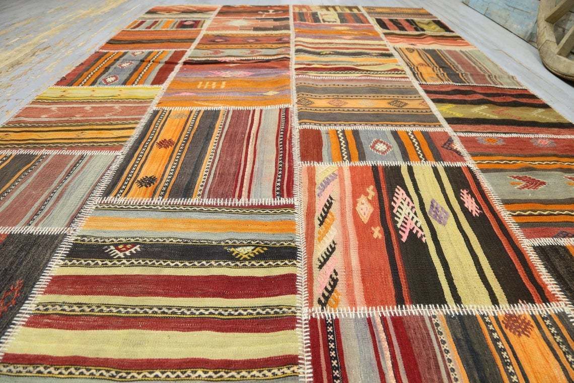 Special Design Patchwork Kilim Rug Vintage Handmade Patch Rugs Oushak Anatolian Teppich Vintage Carpet Tapis Aztec Style Boho 6.7x10 Ft photo for sale