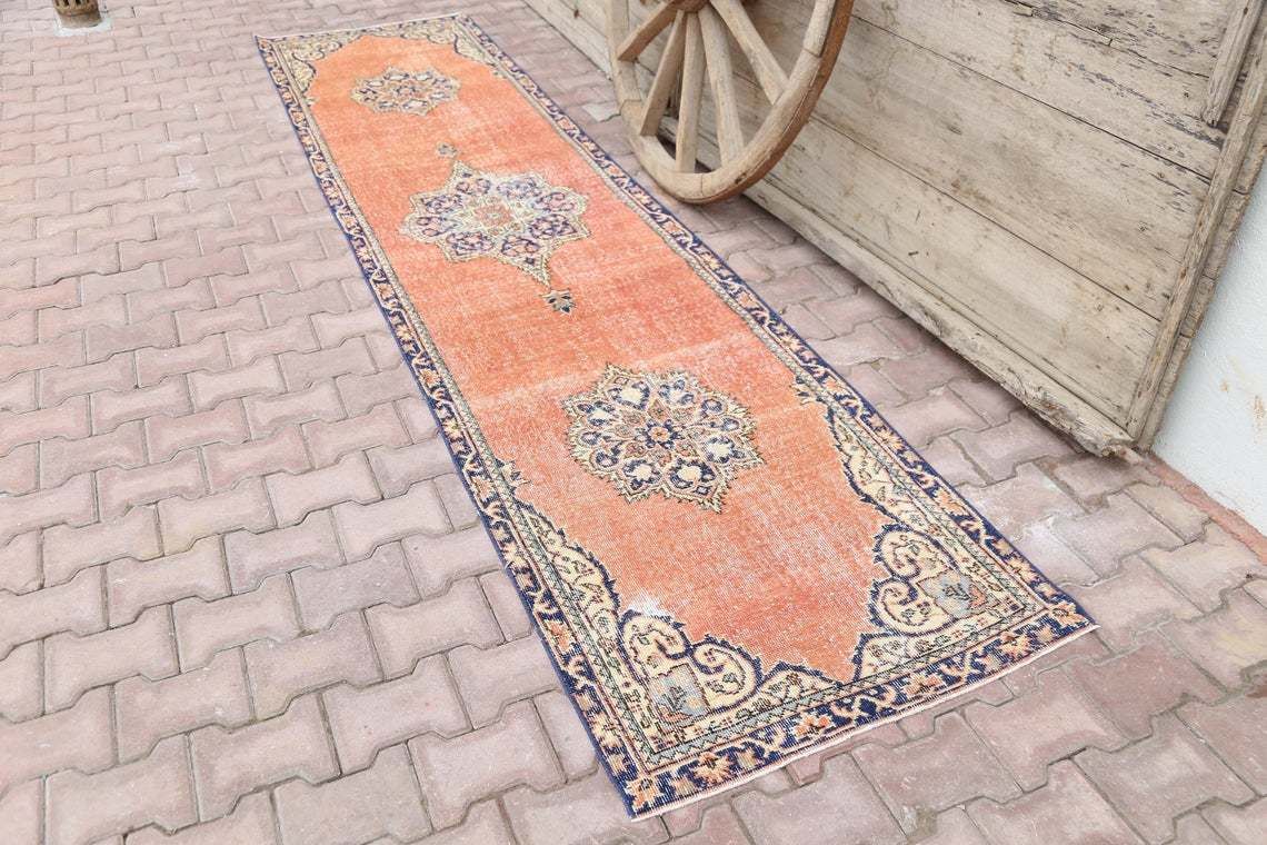 86x369 Cm Turkish Runner Rug, Vintage Oushak Runner Rug, Bohemian Rug, Wool Rug, Home Decor, Boho Rug, Carpet Orange Faded Navy Blue