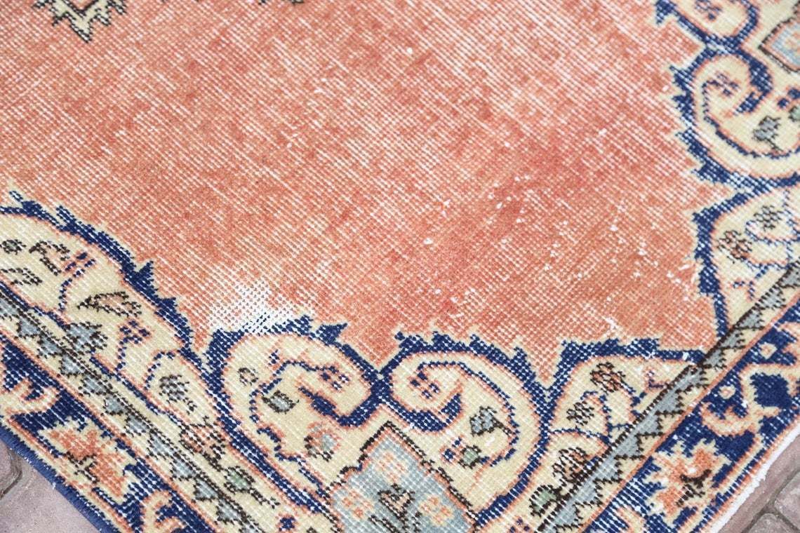 86x369 Cm Turkish Runner Rug, Vintage Oushak Runner Rug, Bohemian Rug, Wool Rug, Home Decor, Boho Rug, Carpet Orange Faded Navy Blue photo vinterior