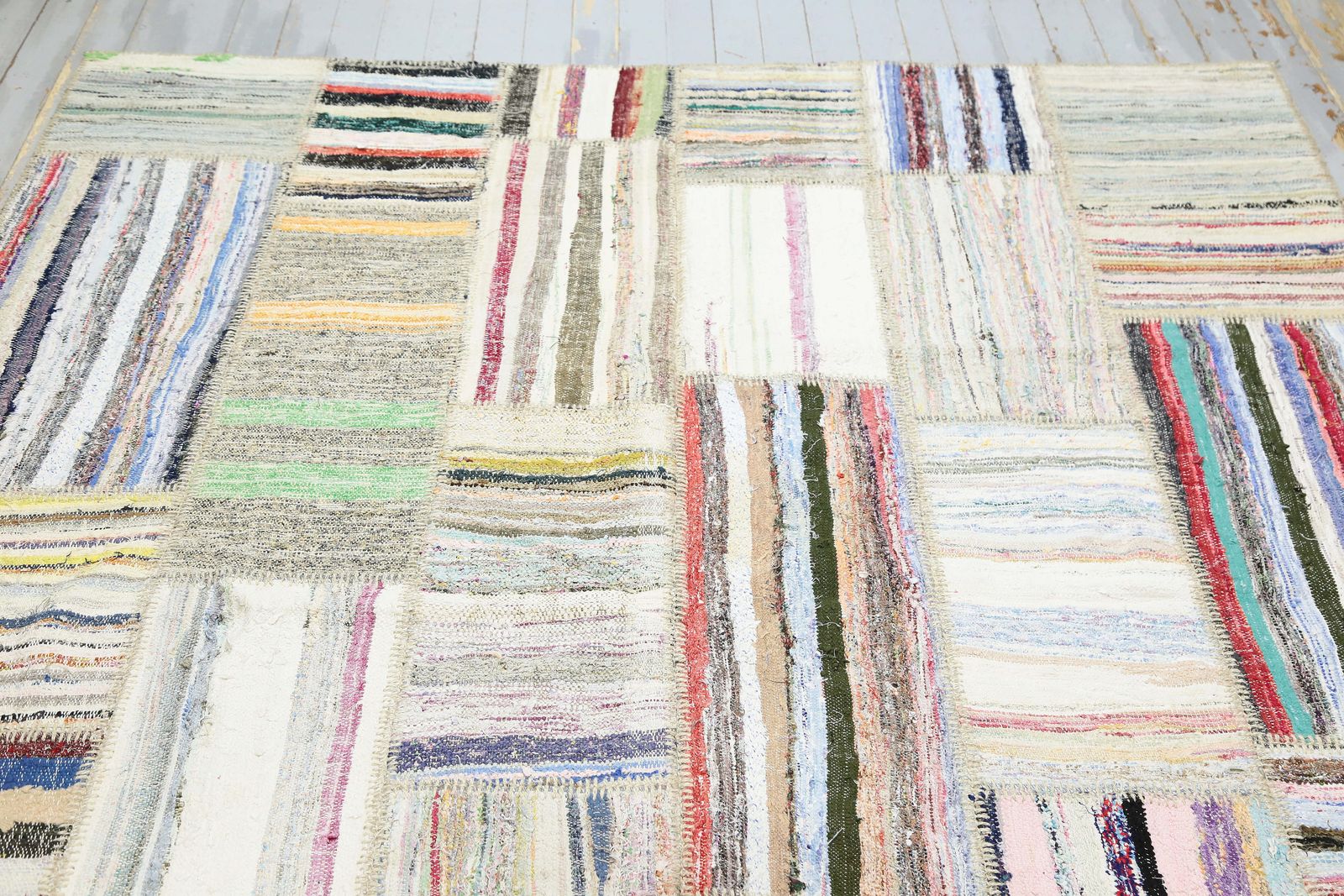 199x299 Cm Flatweave Beige White Turkish Rug, Vintage Striped Kilim, Home Decor, Patch Area Rug, Ivory Gray Kelim Carpet photo 563.0