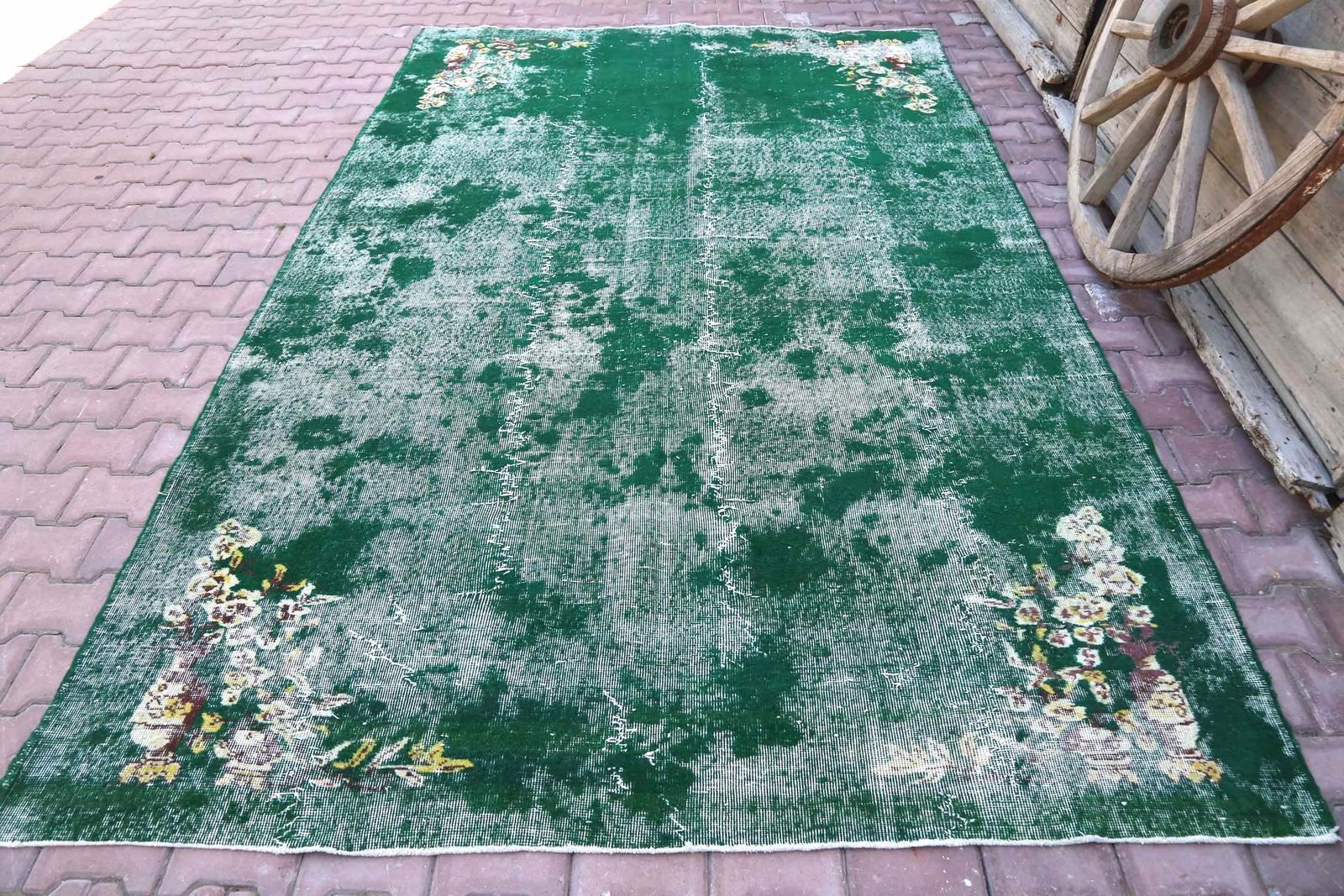 208x338 Cm Turkish Rug, Distressed, Oushak, Green, Area Rug, Wool Rug, Oriental Rug, Home Decor, Turkey Rug, Green Rug, Floral