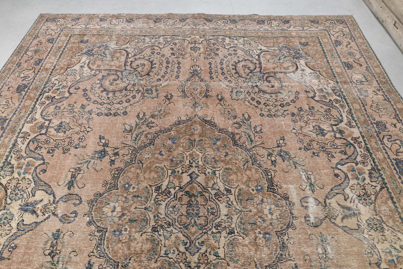 288x378 Cm Faded Beige Brown Turkish Rug, Vintage Rug, Wool Handmade Rug, Oriental Rug, Home Decor Living Room Rug Extra Large Navy Blue Motif photo for sale