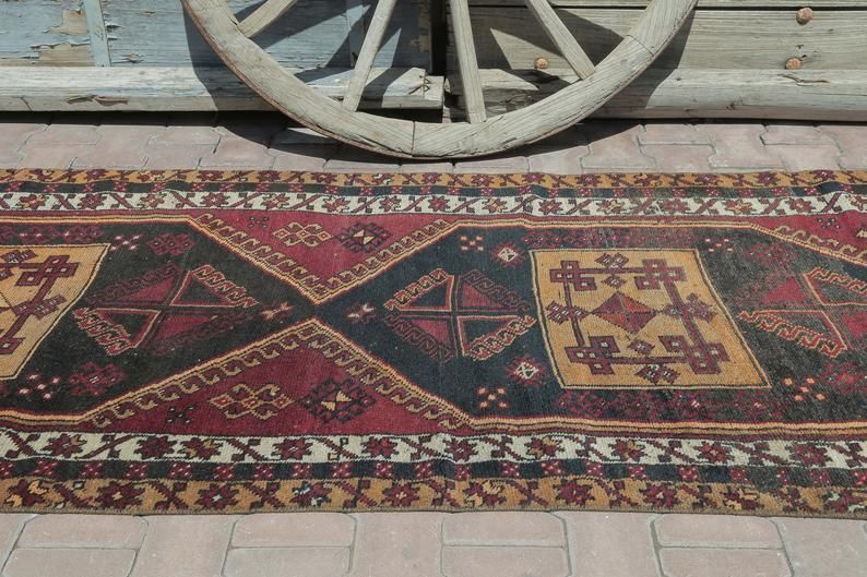 Hallway Runner, Turkish Runner, Gypsy, Vintage Runner, Wool, Handmade, Oushak Bohemian Runner, Long Runner, Geometric, Claret Red photo for sale