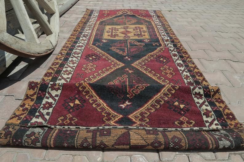 photo for sale Hallway Runner, Turkish Runner, Gypsy, Vintage Runner, Wool, Handmade, Oushak Bohemian Runner, Long Runner, Geometric, Claret Red