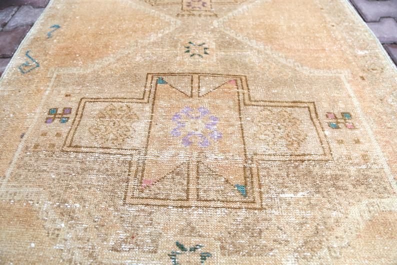Runner Rug, Vintage Rugs Runner, Farmhouse Decor, Beige, Gold, Runner Rug, Hallway Runner, Faded, Beige Neutral, Rugs, Geometric photo for sale