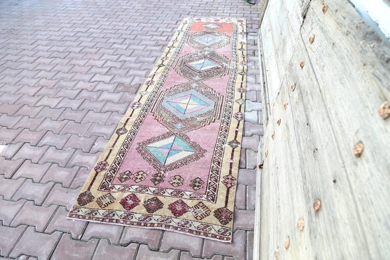 Turkish Runner, Bohemian, Pink Shabby Chic, Home Decor, Vintage Runner, Wool, Diamond Pink Runner, Hallway Runner Faded Distressed