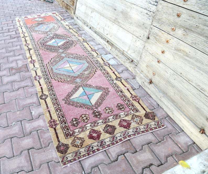 Turkish Runner, Bohemian, Pink Shabby Chic, Home Decor, Vintage Runner, Wool, Diamond Pink Runner, Hallway Runner Faded Distressed photo furniture