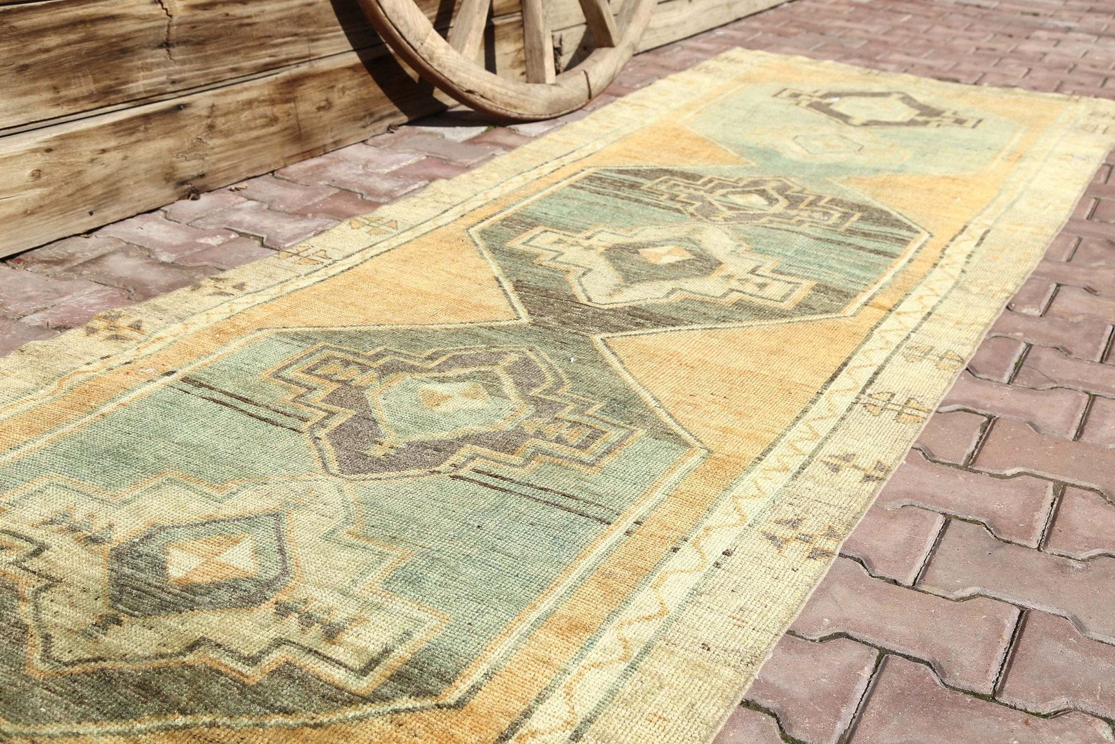 108x322 Cm Jade & Beige, Turkish Rug Runner, Hallway Runner Rug, Runner Rug, Turkish Rug, Handwoven Rug, Faded Orange Beige Oushak Boho photo furniture