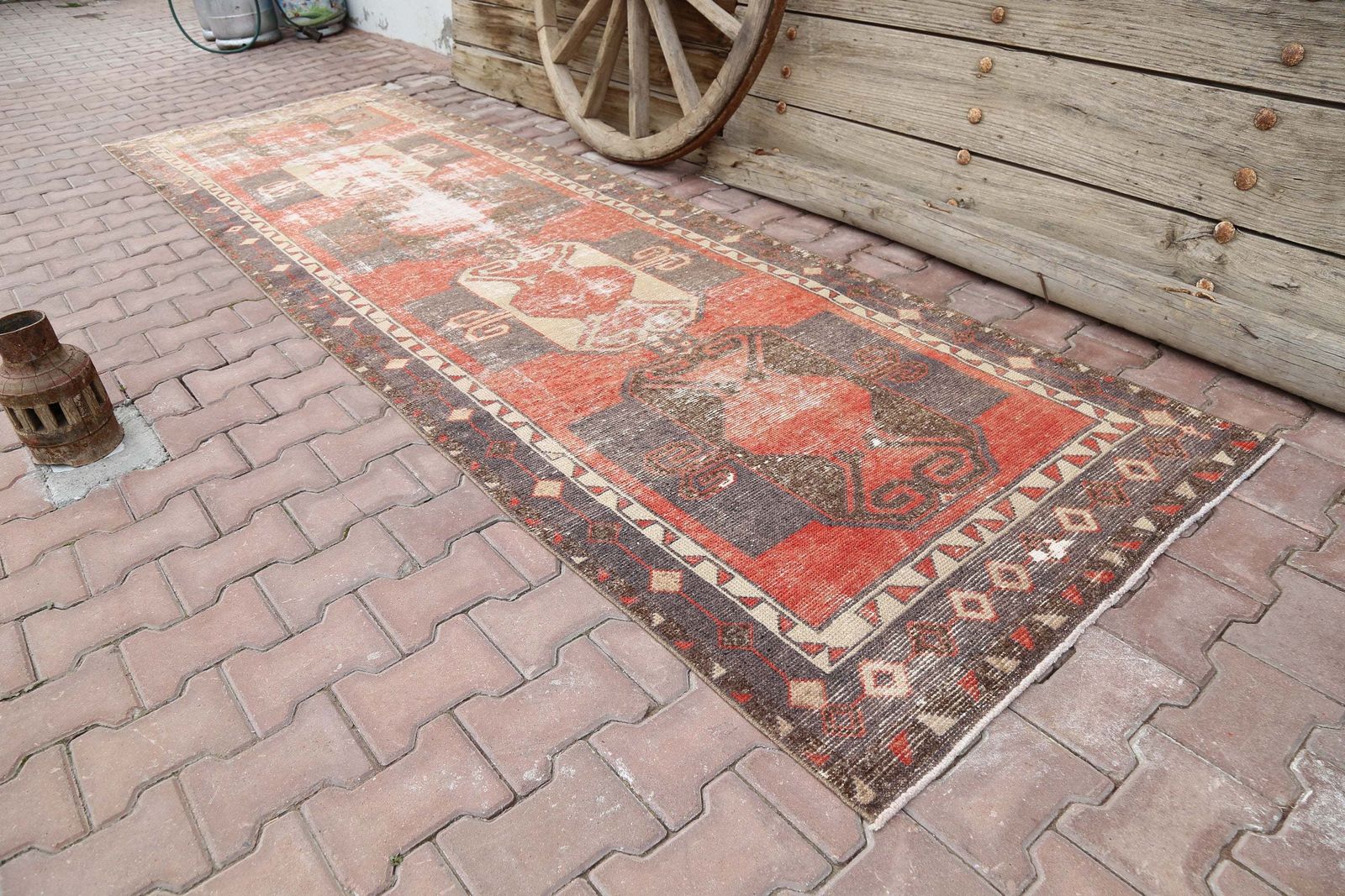 109x370 Cm Turkish Runner, Faded Red, Brown, Turkish Rug Runner, Runner Rug Red, Oushak Rug,Distressed Rug, Runner, Red photo furniture