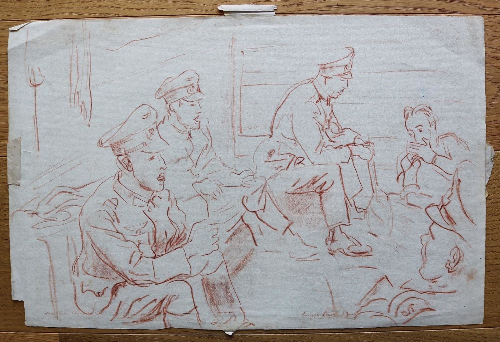 Russell Sidney Reeve (1895–1970): Original Drawing Entitled “Horse Show, Olympia” Depicting Soldiers At Rest, 1938 photo furniture