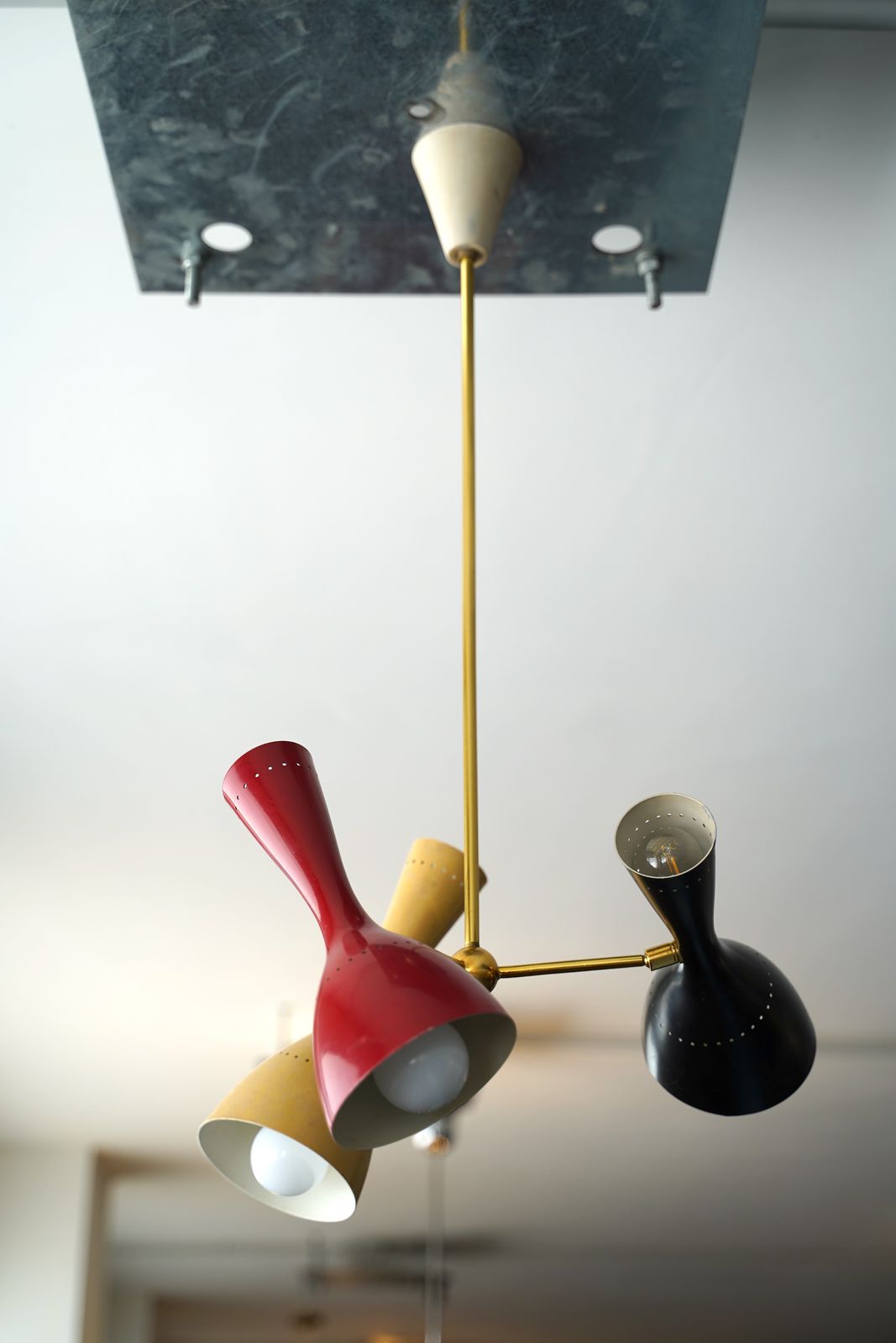 Midcentury Italian Brass And Lacquered Aluminium Ceiling Lamp From Stilnovo, 1950s