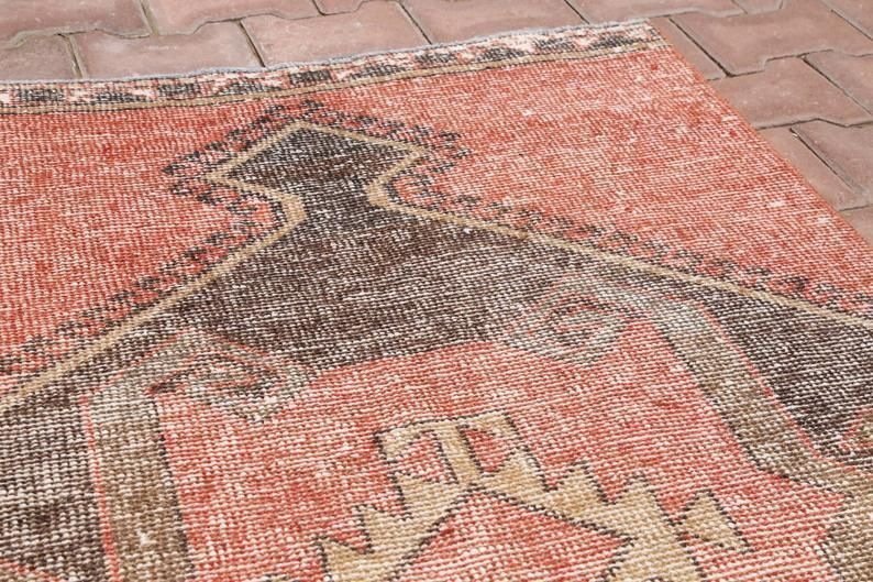Hallway Runner, Turkish Runner, Geometric, Vintage Runner, Wool, Handmade, Oushak Runner, Bohemian Runner, Long Runner, Faded Red photo Textiles