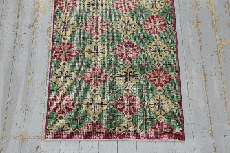 Hallway Runner, Turkish Vintage Runner, Wool, Handmade, Oushak Runner, Bohemian, Long Runner, Floral, Green, Red, Yellow, Modern photo Textiles