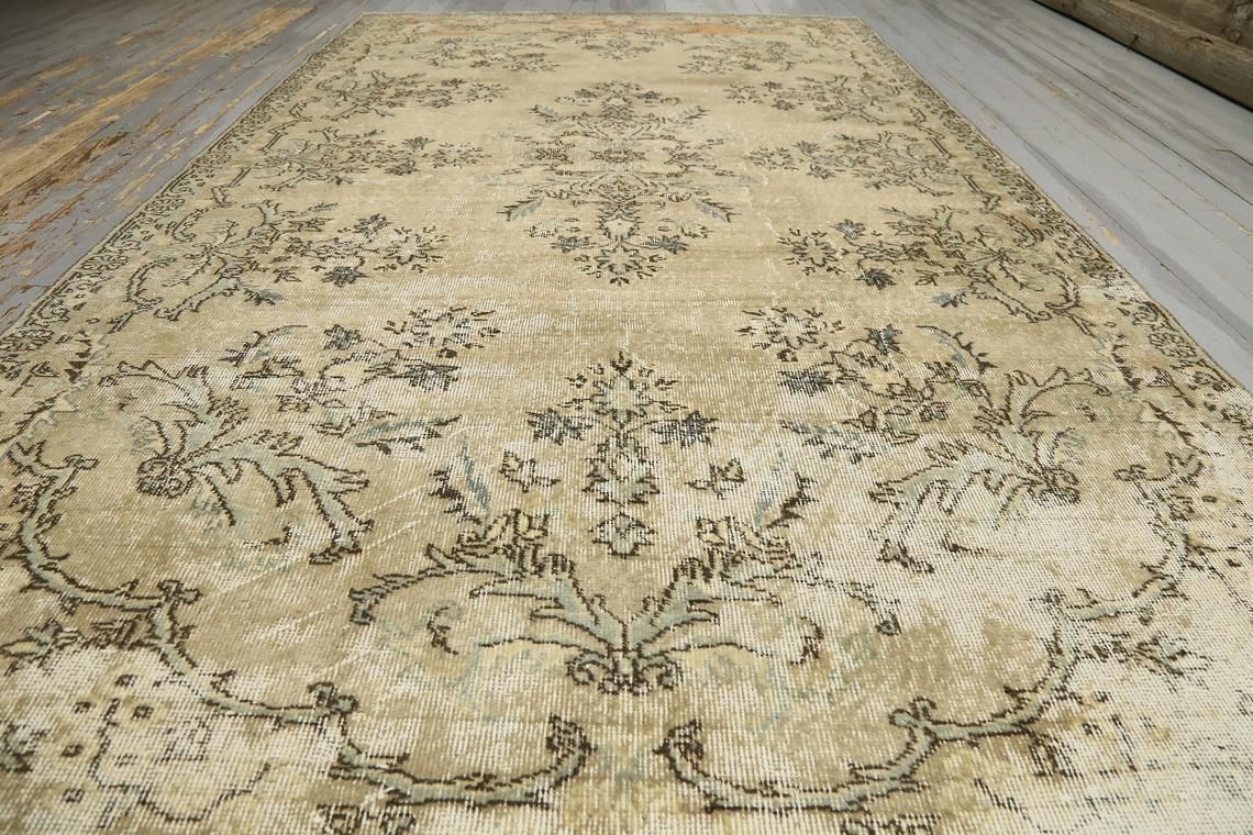 5.6x9.6, Turkish Vintage Oushak Rug, Neutral Beige Faded Natural Floral Area Wool Rug, Room Decor, Living Room Rug, Handmade Boho Chic Rugs photo Textiles