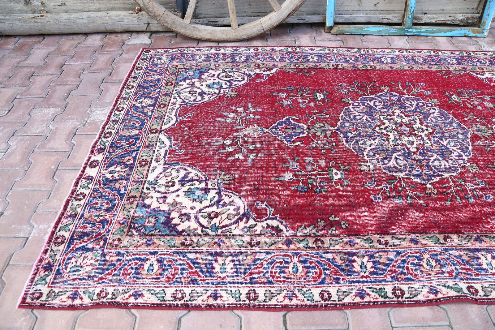 Oriental Rug, Turkish Area Rug, Rugs Handmade, Oushak Rug, Red, Navy Blue, Traditional Rug, Living Room Rug, Red Navy Blue Rugs photo for sale