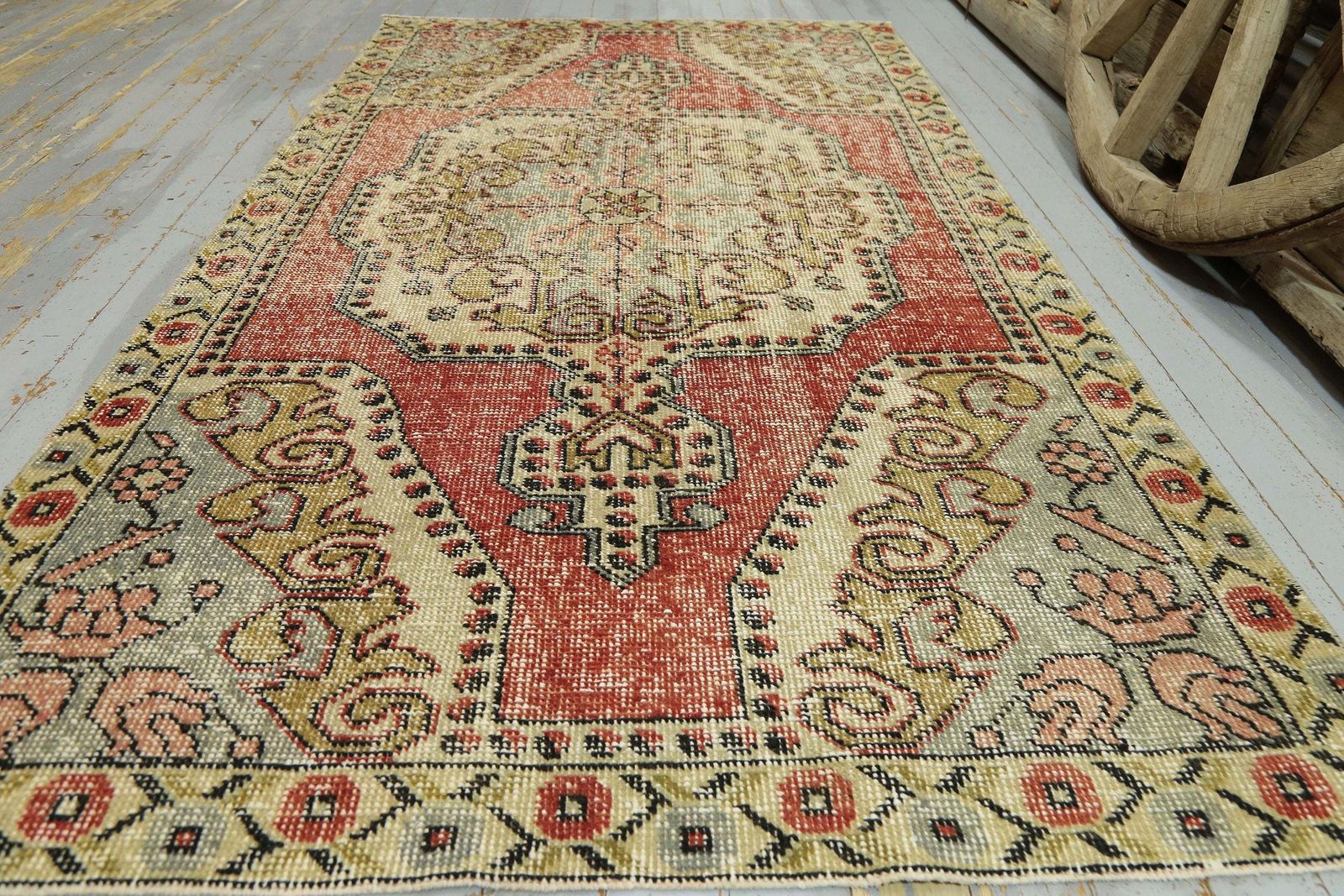 Turkish Vintage Rug, Antique Wool Rug, Oriental Rug, Home Decor, Area Rug, Tribal Bohemian Rug, Red, Beige Luxury Carpet Handmade photo furniture